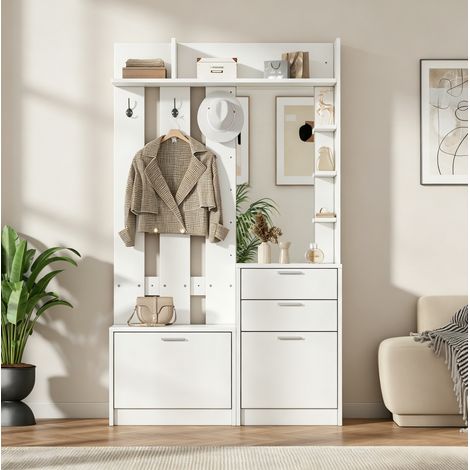 Mueble de entrada con espejo, 2 cajones, 2 zapateros, 3 ganchos, blanco 110x34x185 cm OKMYHOME (1/5)