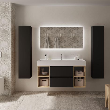 Meuble de salle de bain BEQUIA Plus 120cm Noir mat /Chêne Vasque Porcelaine Centrale (1/5)
