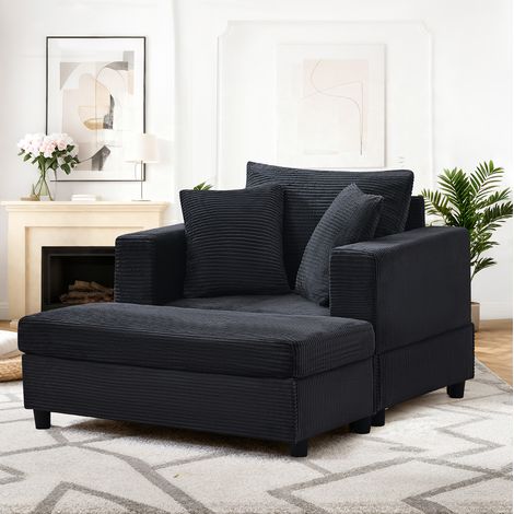 Méridienne avec repose-pieds et rangement, en tissu côtelé noir (1/4)