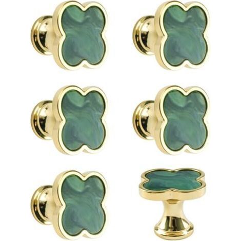 6 PCS Four-Leaf Clover Handle, Creative Single-Hole Multifunctional Zinc Alloy Drawer Knobs for Dresser, Wardrobe, Furniture Door/Gold Base with (1/4)