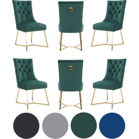 Set of 6 Green Ambra Modern Velvet Dining Chairs with Gold Legs & Ring Handle - Tufted Back, Plush Foam Seat, Luxury Accent Chair (1/5)