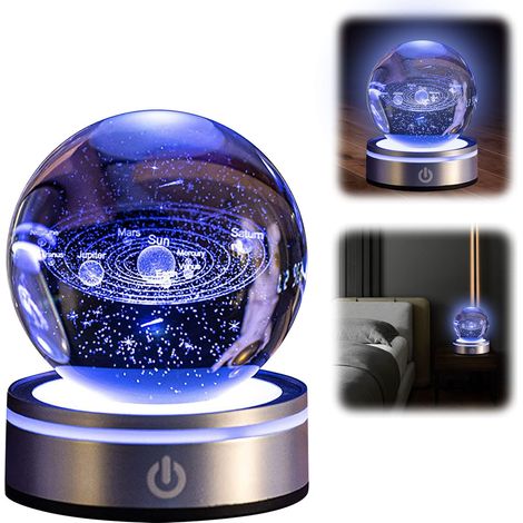 Boule Cristal 3D Système Solaire, 6 Couleurs Changeantes 3,15 inch Cristal Modèle de Planète avec LED Light Up Base Cadeau, Astronomie Cadeaux pour Amis, Couples (1/5)