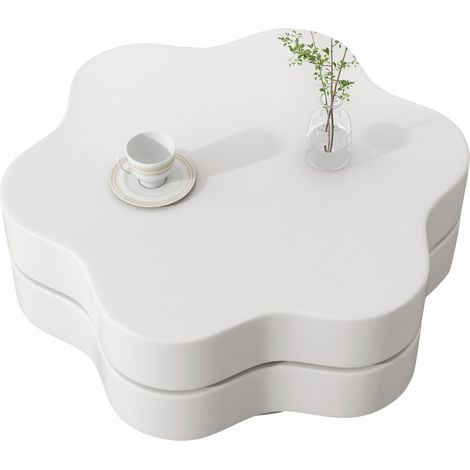 Table basse 74,8 x 67,5 x 31 cm forme fleur, plateau supérieur pivotant à 360°, design double niveau avec 2 étagères, capacité recommandée 30 kg, MDF,Blanc crème (1/5)