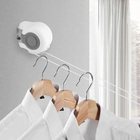 Fil à Linge Double Rétractable Extensible pour Extérieur, Corde à Linge Rétractable à Fixation Murale, Longueur Réglable, 13 m de Fil Total, Blanc