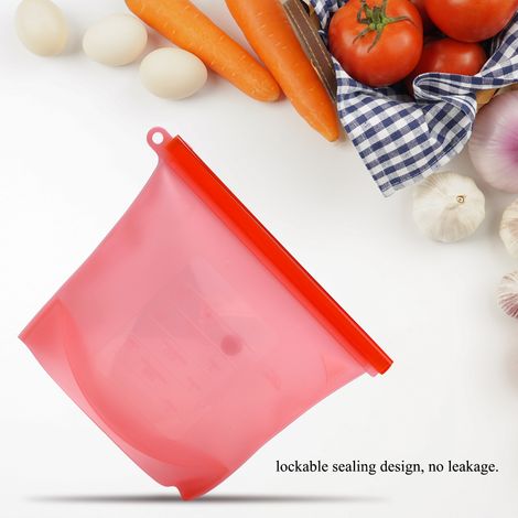 1500 ml wiederverwendbarer Silikon-Lebensmittelbehälter mit Verschluss, Aufbewahrungsbeutel für Obst, Fleisch und Milch (Rot) (1/5)