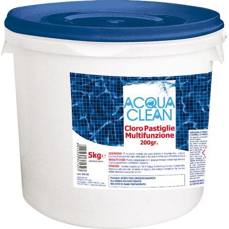 Cloro Tricloro multifunzione pastiglie 200g per piscine Acqua Clean - 5 Kg (1/4)