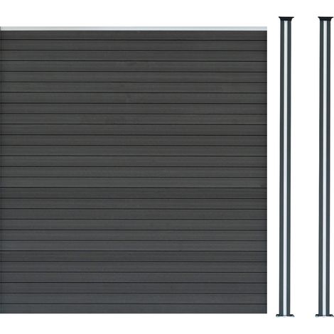 Kit Clôture 1 Panneau Composite Plastique Gris 9 Lames à Emboîter 185 cm H x 180 cm L & 2 Poteaux en Aluminium à LED Solaires Texture de Bois Reversible PVC Brise-Vue Extérieur Jardin Mur d'Intimité