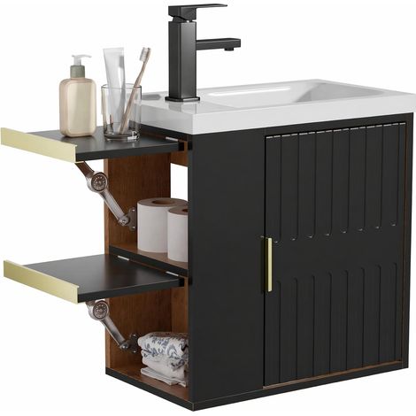 UEV Meuble Lavabo Mural, Meuble Lave-Mains Suspendu, Gain de Place, Rangement Intégré avec Placard, Deux Tablettes, Idéal pour Petites Salles de Bain et WC, 50x30x54cm, Noir (1/5)