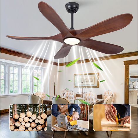 Ventilador de techo con luz y mando a distancia, 6 velocidades, temporizador, madera maciza, nogal y negro (1/5)