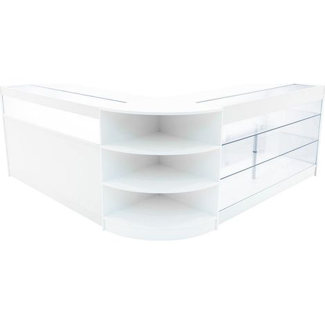 Comptoirs de Vente en MDF Blanc à LED Blancs Ensemble Demeter LM60 K1500 B1500 3 Unités de Rangement Étagères Internes Portes Coulissante Verouillables Réception Bureau Vêtements Bijoux [Clés INCLUS] (1/5)