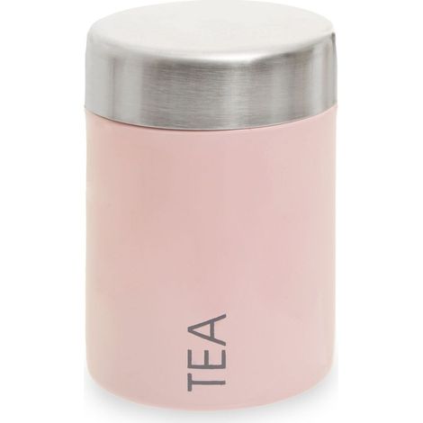 Premier Housewares Pink And Silver Tea Canister Stainless Steel Storage Containers For Kitchen Plain Items Tea Sugar Canister And More Storage Jars w10 x d10 x h13cm