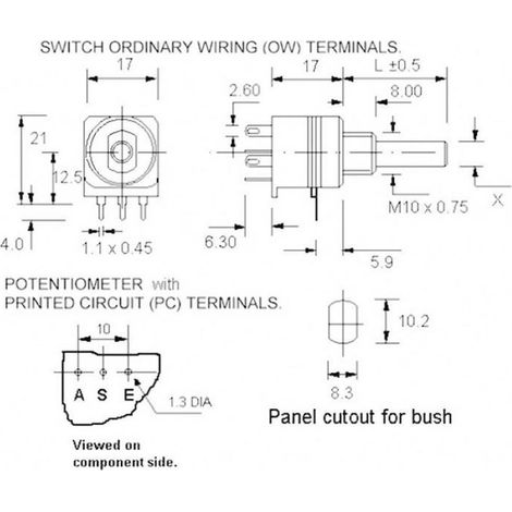 Potentiomètre Rotatif - 47 KΩ - Interrupteur Intégré 2 Positions Off/On - Filetage M10 x 0,75 - Axe 6 mm x 35 mm - 250 V AC - 4 A - 1 Pièce (1/3)
