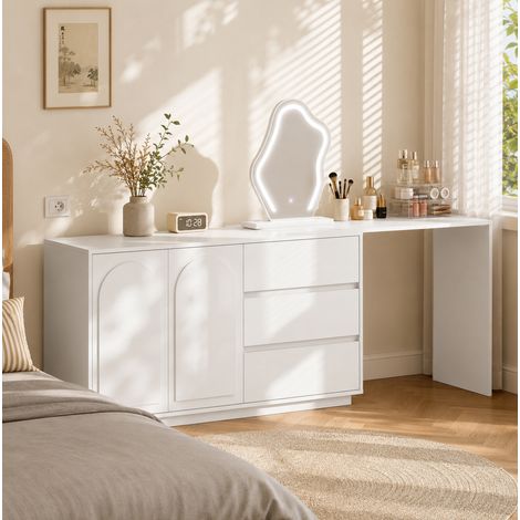 MODFU – Tocatore 140x40x75 cm in truciolato con specchio LED 3 colori, piano estensibile, 3 cassetti e 2 scomparti – Bianco (1/5)
