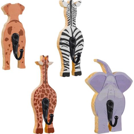 Lot de 4 patères murales en bois à motifs animaux (éléphant, girafe, zèbre, chien), crochets décoratifs pour vêtements, chambre d'enfant et décoration intérieure. (1/5)