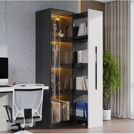 Meuble de rangement vitré 70 x 40 x 160 cm avec LED, roulettes et 1 tiroir latéral HAVRYA (1/5)