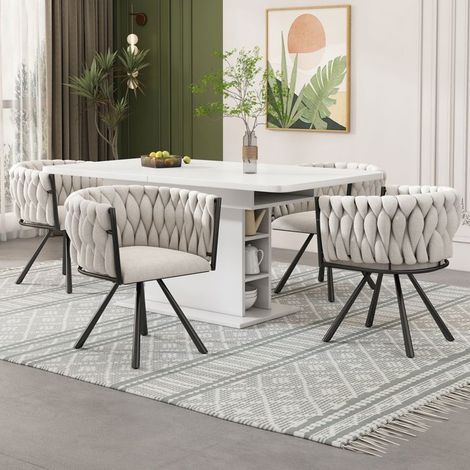 Lot de Chaises 4 chaises revêtement en lin beige et noir piètement métal chaise pivotante style luxe clair (1/5)