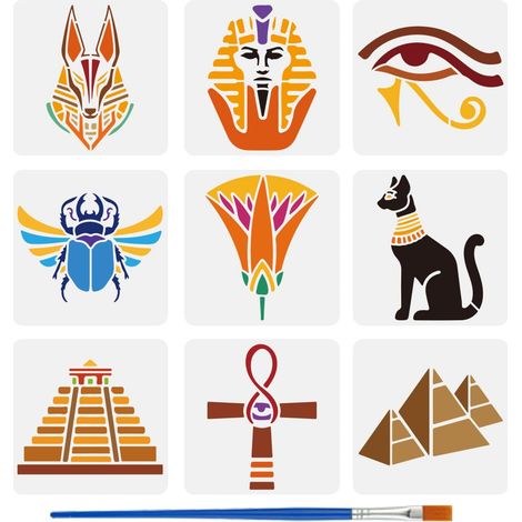 9 Styles Pochoirs à Motifs Égyptiens Avec Un Pinceau 15x15cm Pochoirs de Peinture Œil Horus Pochoir Pyramidaux Pochoir Lotus Égyptiens Antiques Modèle Chat Noir Pet pour Sol Mural Bois (1/5)