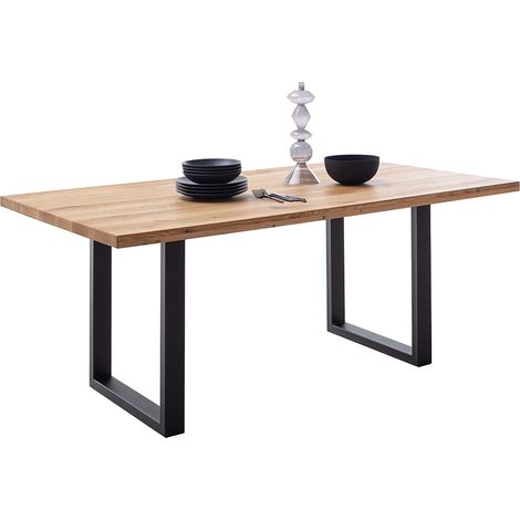 Massivholz-Esstisch 200x100 cm in Wildeiche massiv geölt mit U-Gestell und gerader Kante - DEWEY-06 (1/5)