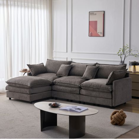 Sofá de esquina de chenilla gris, 3 plazas con puf modular y chaise longue, fundas desenfundables (1/5)