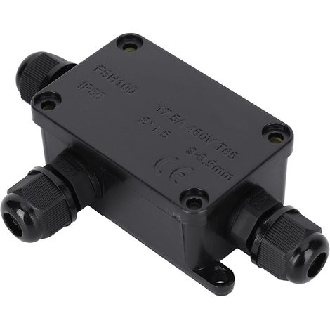Mini-boîte de jonction étanche en polycarbonate noir (PC), 1 entrée, 2 sorties, usage extérieur, indice de protection IP66, 3-6,5 mm (1/5)