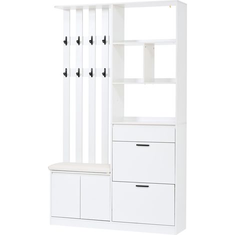Armadio appendiabiti da ingresso 120x30x200 cm in MDF con panca imbottita e scarpiera bianco (1/5)
