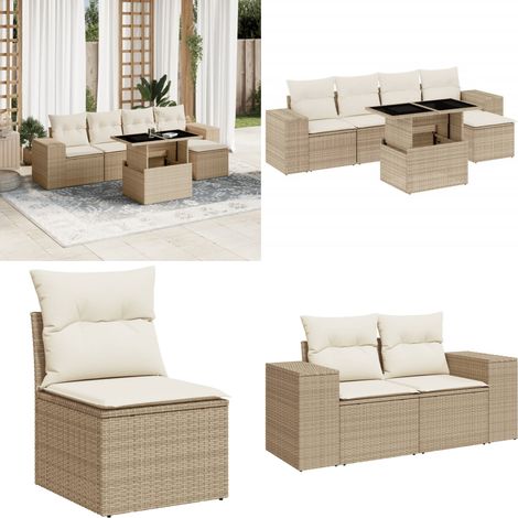 6-tlg. Garten-Sofagarnitur mit Kissen Beige Poly Rattan - Gartenmöbel Set - Esszimmergarnitur - Outdoor Möbel - Lounge Garnitur - Rattan Gartenmöbel - Home & Living (1/5)