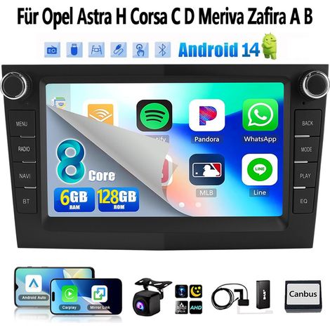 Autoradio Android 14 Carplay 4G GPS 6+128G pour Opel Astra H Vectra Corsa C D Bluetooth EQ USB GPS Navi WIFI Écran tactile - 6+128G DAB+ CAM Noir (1/5)