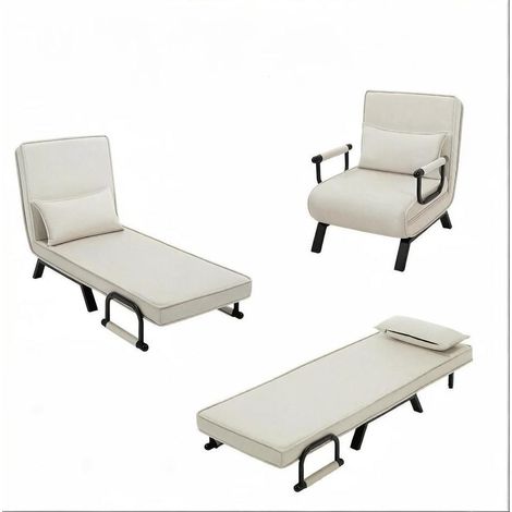 Poltrona letto convertibile beige con schienale regolabile in lino, metallo e schiuma (1/5)