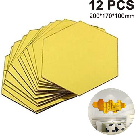 Lot de 12 stickers muraux hexagonaux 3D effet miroir, 200 x 170 x 100 mm, dorés.