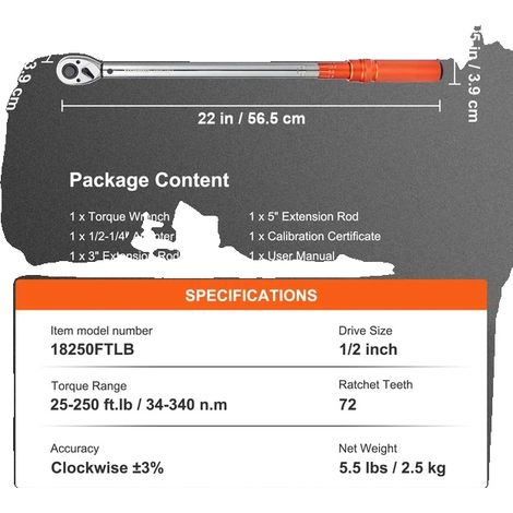 Chiave dinamometrica, alta precisione, costruzione robusta, 56,5 cm, 25-250 ft-lb (1/2)