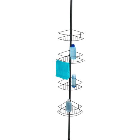 WENKO Mensola telescopica per bagno Dolcedo, con 4 cestini angolari per la doccia, soluzione senza foratura, fissaggio mediante torsione e regolabile in altezza, in acciaio inossidabile, 31x65-275x23 (1/5)