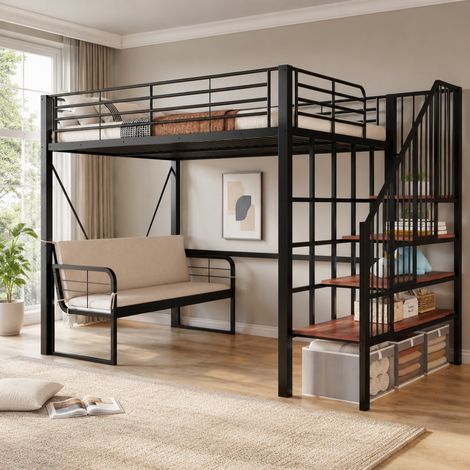 Etagenbett 140x200 cm schwarz aus Metall mit Sofa, Stauraumleiter und platzsparendem Design (1/5)