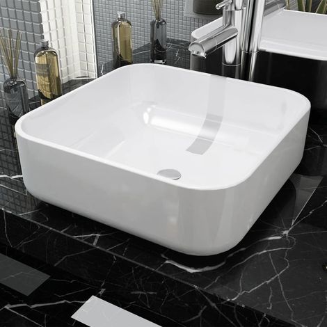 Lavabo carré en céramique blanche, 39 x 39 x 13,5 cm