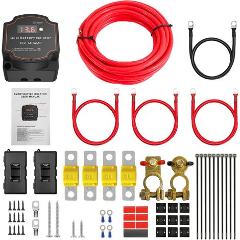 Coupleur Separateur Batterie 12v,Kit d'Isolateur De Coupleur Batterie Double,12 v 140 Amp Kit De Relais Sensible à La Tension 3m,Kit De Relais De Charge Divisé Pour Vtt Utv Camions Camping (1/5)