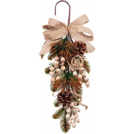 Branches en guirlande avec pommes de pin, baies et aiguilles de pin dorées et nœud en jute, lot de 2, H. 40 cm (avec tige 58)