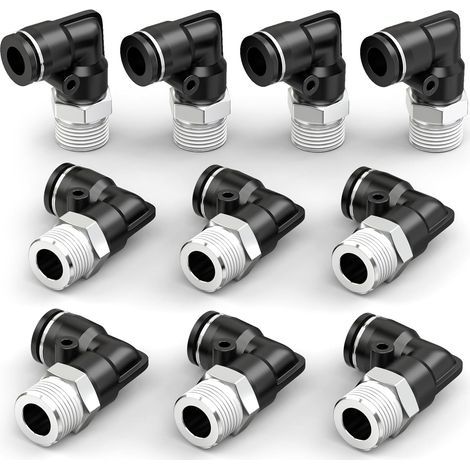10 pieces 90-degree angled male push-fit fittings for 6 mm outer diameter tubing x 1/2" BSP thread, black quick-push pneumatic connectors (1/5)