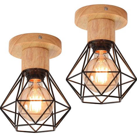 COMELY Set of 2 E27 Vintage Chandelier Ceiling Lights, Wooden and Metal Cage Style Ceiling Lamp, Retro Industrial Pendant Light Fixture for Living Room Kitchen Bedroom, Black (Bulb Not Included) (1/5)
