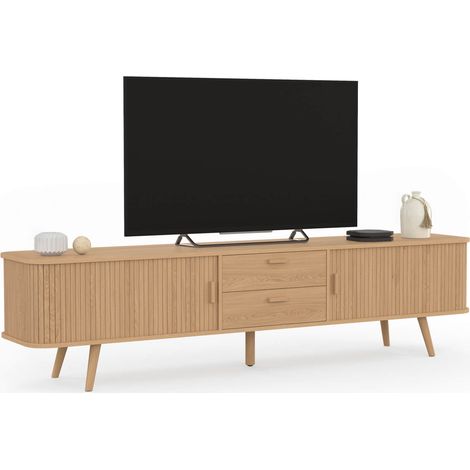 Meuble TV 200 cm ROMIE 2 portes coulissantes et 2 tiroirs lattes tasseau bois coloris chêne (1/5)