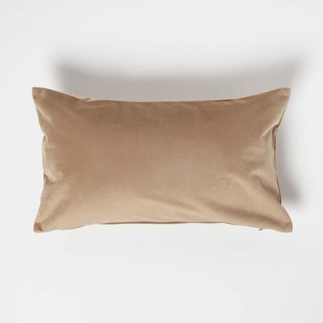 HOMESCAPES Beige Velvet Cushion, Bolster 30 x 50 cm