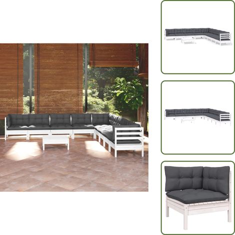 10-tlg. Garten-Lounge-Set mit Kissen Weiß Kiefer Massivholz - Garten Lounge Set - Esszimmergarnitur - Outdoor Möbel - Gartenmöbel - Rattan Gartenmöbel (1/5)
