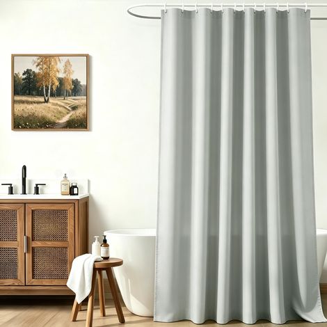 Rideau de douche - 280 x 200 cm - Gris clair - Ourlet lesté - Textile anti-moisissure - Imperméable - Lavable - En polyester - Pour salle de bain - Avec 16 anneaux de rideau de douche (1/5)