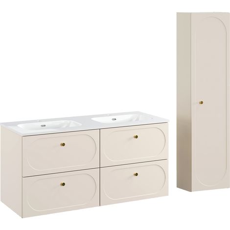 Doppelwaschtisch und Hängesäule 120.4cm Sanae mit 4 Schubladen, Sandbeige