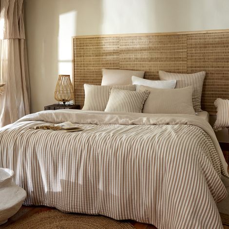 Parure de lit 140x200 gaze de coton à rayures beige Terre de Nuit Ninon - NINON
