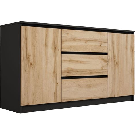 Commode : Noir Mat / Chêne Wotan, 140 x 39 x 79 cm, 3 tiroirs, 2 portes (1/5)