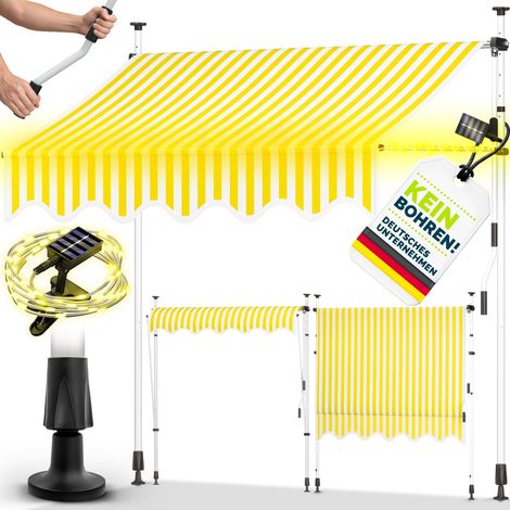 tillvex Toldo de 300 cm amarillo/blanco con LED solar y manivela para balcón  Toldo para balcón sin taladrar  Toldo resistente a los rayos UV y regulable en altura  Protección solar impermeable