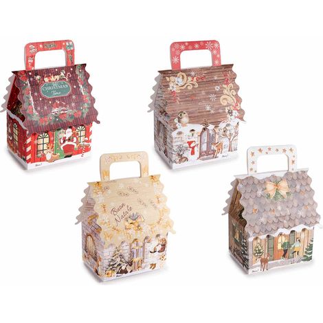 Scatole regalo di Natale a forma di casetta con manico e stampa natalizia, realizzate in carta colorata, set da 48 pezzi, cm 11,5 x 10 x 13 H
