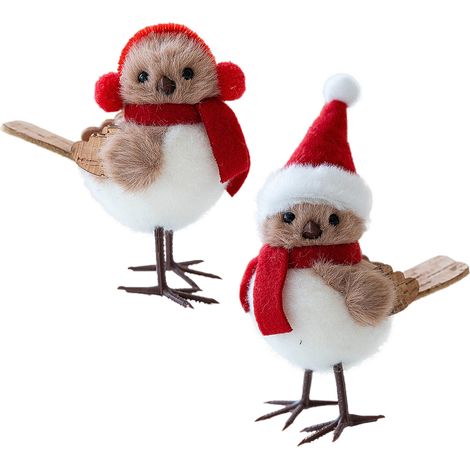 Set aus 2 dekorativen künstlichen Schaumstoffvögeln mit rotem Hut und Schal, für den Weihnachtsbaum oder als Innendekoration (Varianten B und C). (1/2)