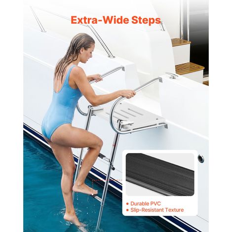 Échelle de bateau inox 304 3 marches pliante télescopique 181 kg avec marches antidérapantes et mains courantes pour ponton, yacht, hors-bord (1/5)