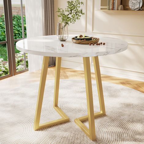 Esstisch rund 80 cm in Weiß mit Marmoroptik, Metallgestell und verstellbaren Füßen (1/5)