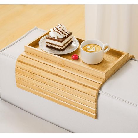 Wohnzimmer-Sofa-Beistelltisch, Bambus-Armlehnentablett, faltbarer Sofa-Armlehnen-Tablett zum Anklemmen, Sofa-Getränkehalter für Snacks, Tassen
